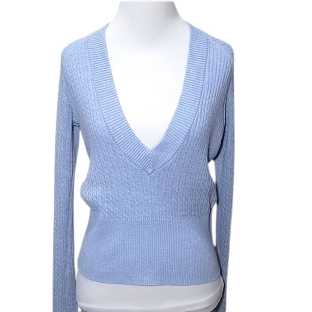 EUC Polo Jeans Company RL67437 Deep Vneck Cable Knit Cropped Sweater Large